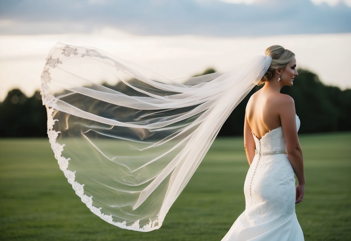 A wedding veil caught in a gust of wind, billowing and swirling in the air