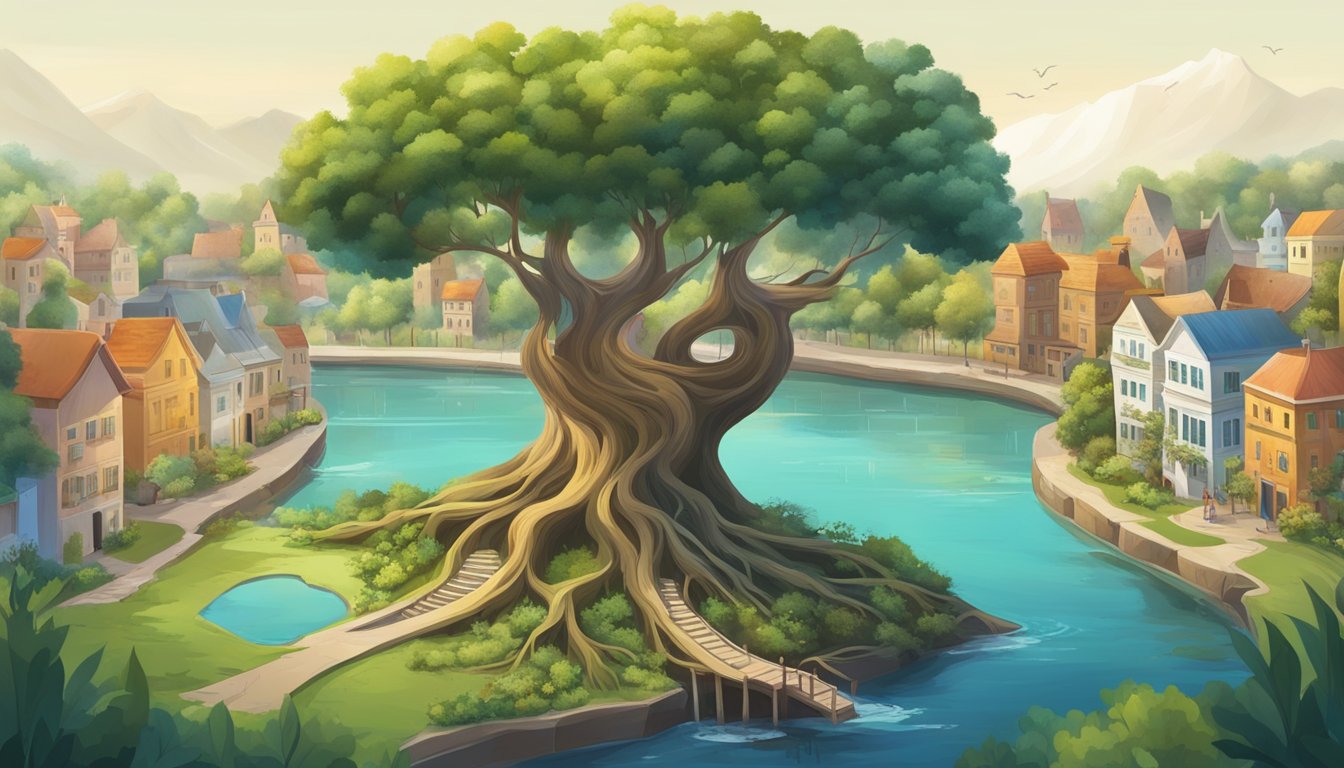 A tree with roots intertwined with community buildings, surrounded by diverse wildlife and a clean, flowing river