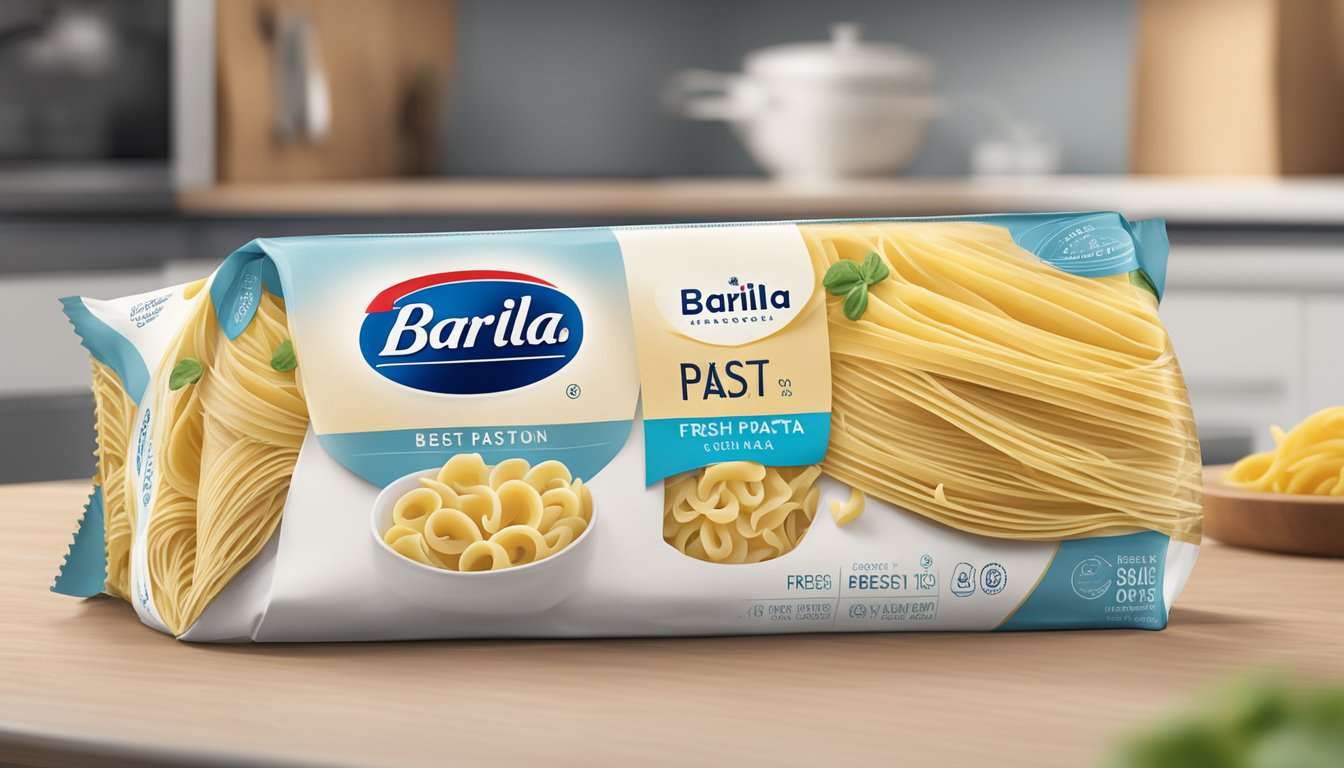 A package of Barilla Collezione Fresh Pasta sits unopened on a kitchen counter, with a "best by" date clearly visible on the packaging