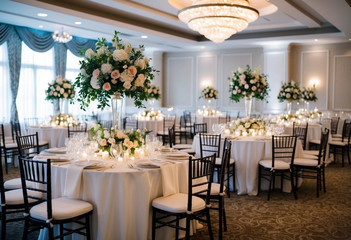 A beautifully decorated wedding venue with intricate floral arrangements, elegant table settings, and romantic lighting, with a noticeable absence of empty seats