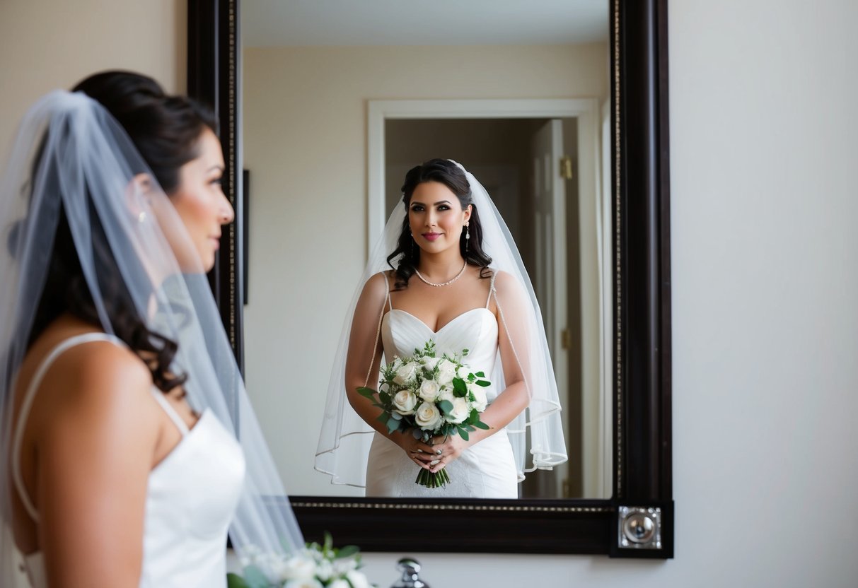 A bride stands in front of a mirror, holding a wedding veil in her hands, looking contemplative