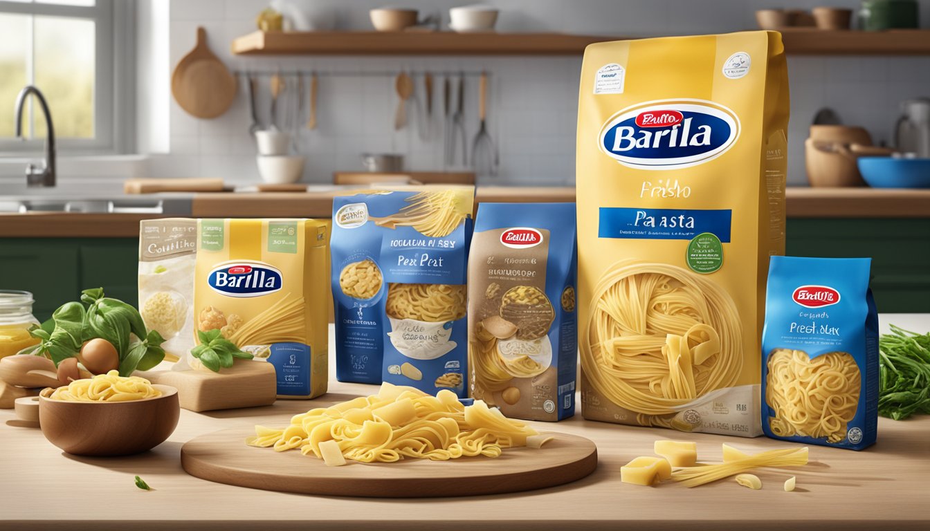 A package of Barilla Collezione Fresh Pasta sits unopened on a clean, well-lit kitchen counter, surrounded by various ingredients and cooking utensils