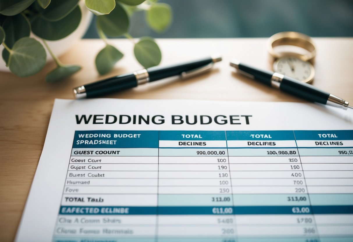 A wedding budget spreadsheet with columns for guest count and expected declines