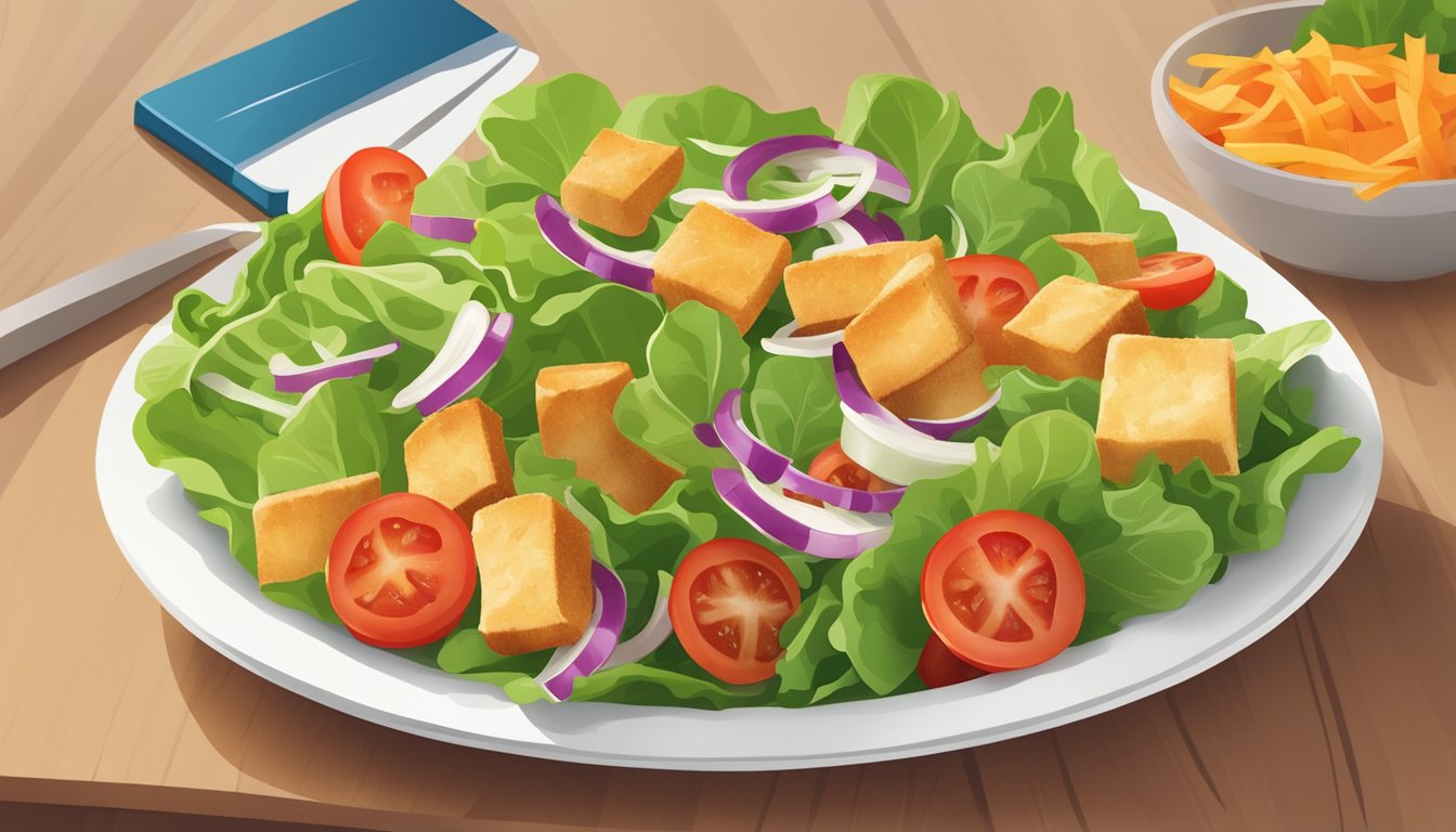 A colorful salad with fresh lettuce, tomatoes, and croutons, served in a white bowl on a wooden table at Whataburger