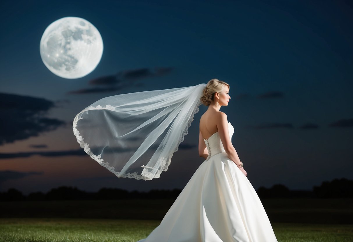 A bride stands beneath a moonlit sky, her veil billowing in the wind as she hesitates, pondering the superstitions surrounding its use