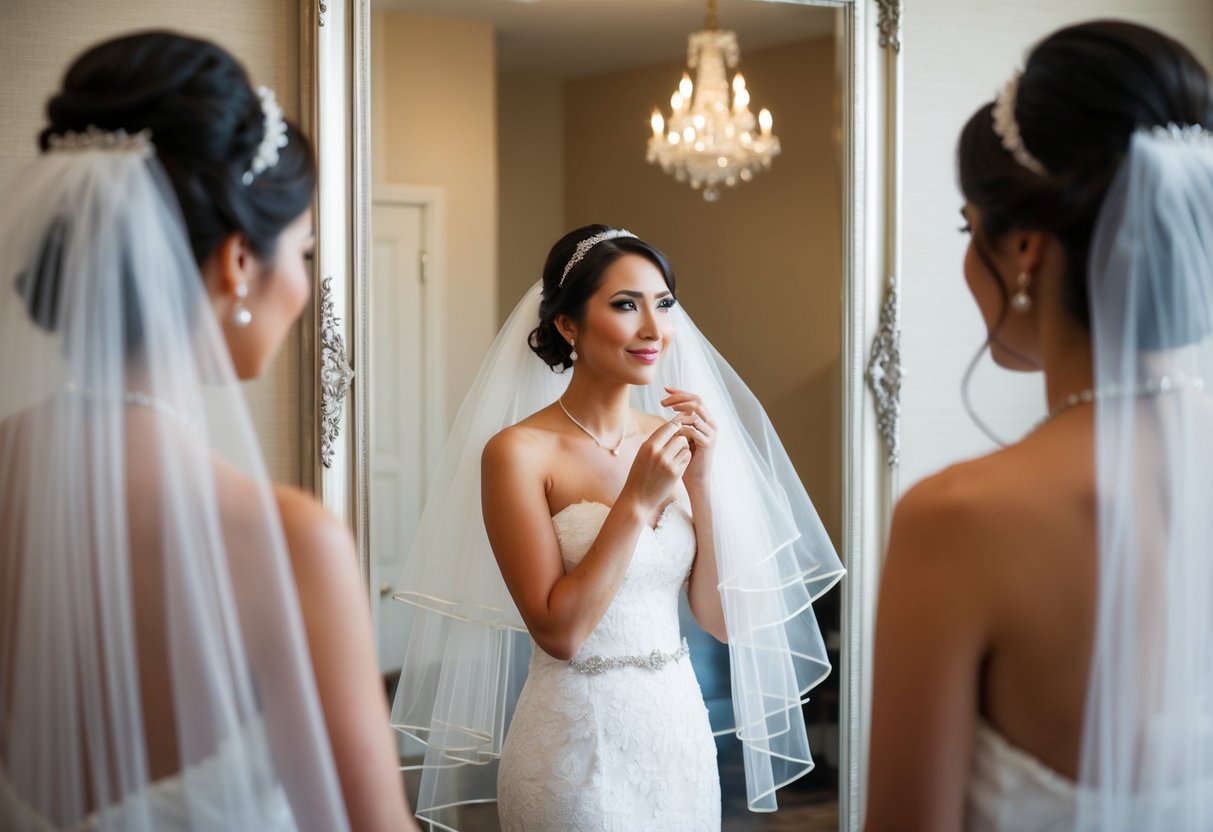 A bride standing in front of a mirror, trying on different veils, with a thoughtful expression on her face