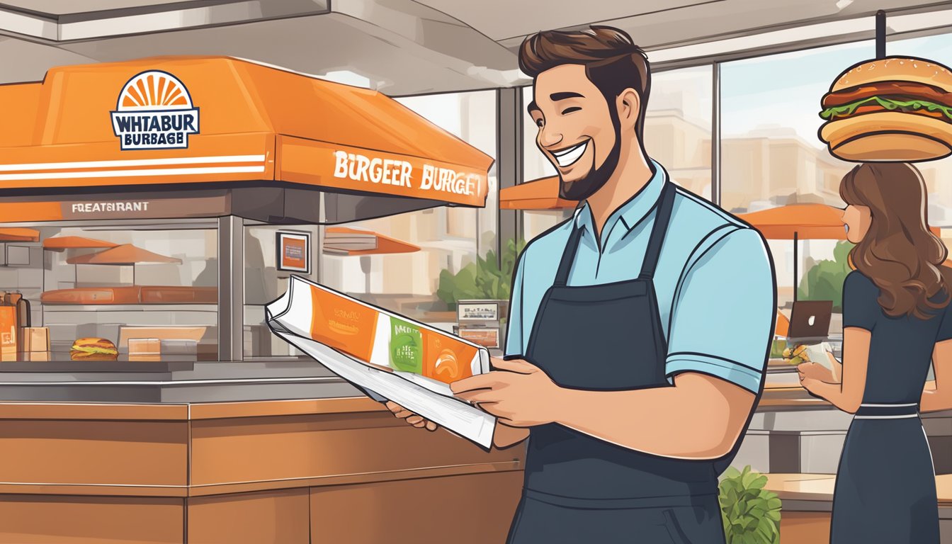 A smiling customer receiving a free burger coupon after completing the Whataburger survey, with the restaurant's logo prominently displayed