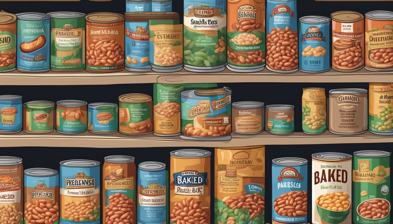 A can of baked beans sits on a pantry shelf, surrounded by other canned goods. The label is facing forward, and the can appears unopened