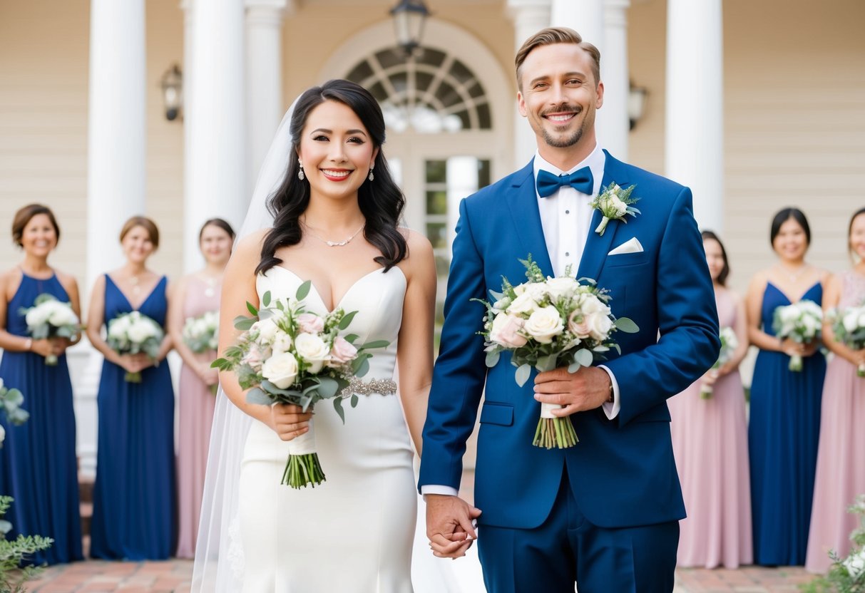 Two elegantly dressed figures stand side by side, holding bouquets and smiling. Their attire matches the color scheme of the wedding, creating a harmonious and joyful scene