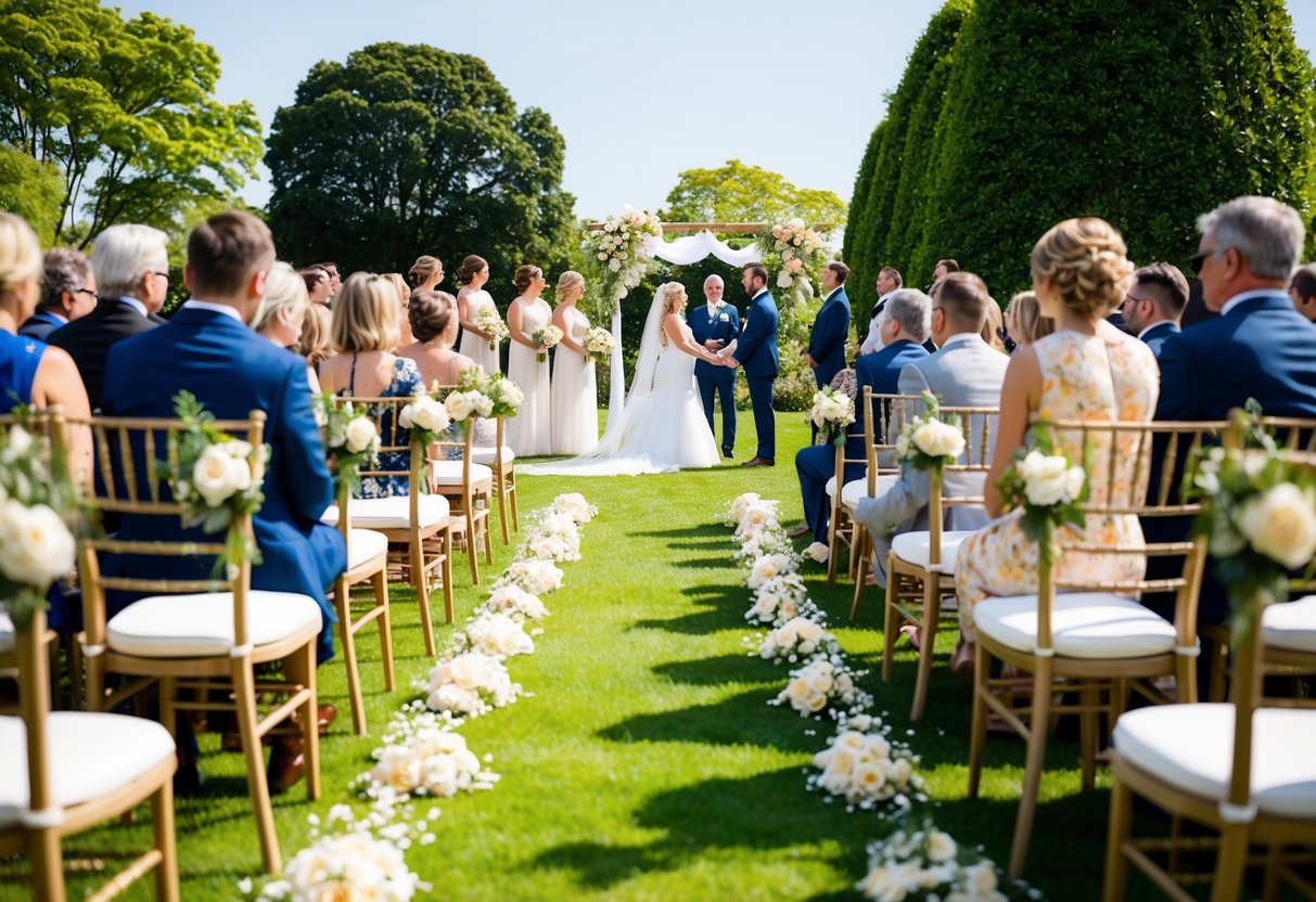 A beautiful outdoor wedding ceremony in a blooming garden, with clear skies and a warm breeze, set in the month of June 2024