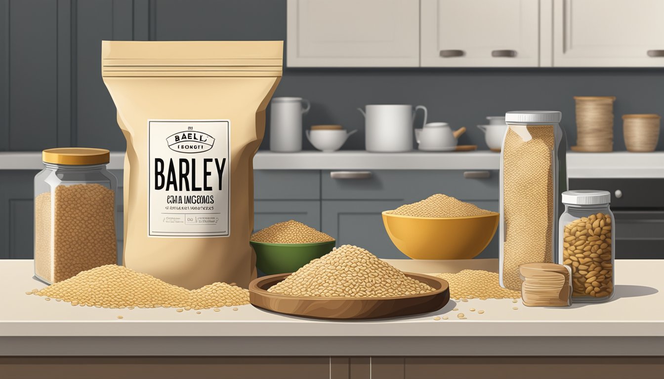 A bag of barley sits on a kitchen shelf, surrounded by other dry goods. The expiration date is visible on the packaging