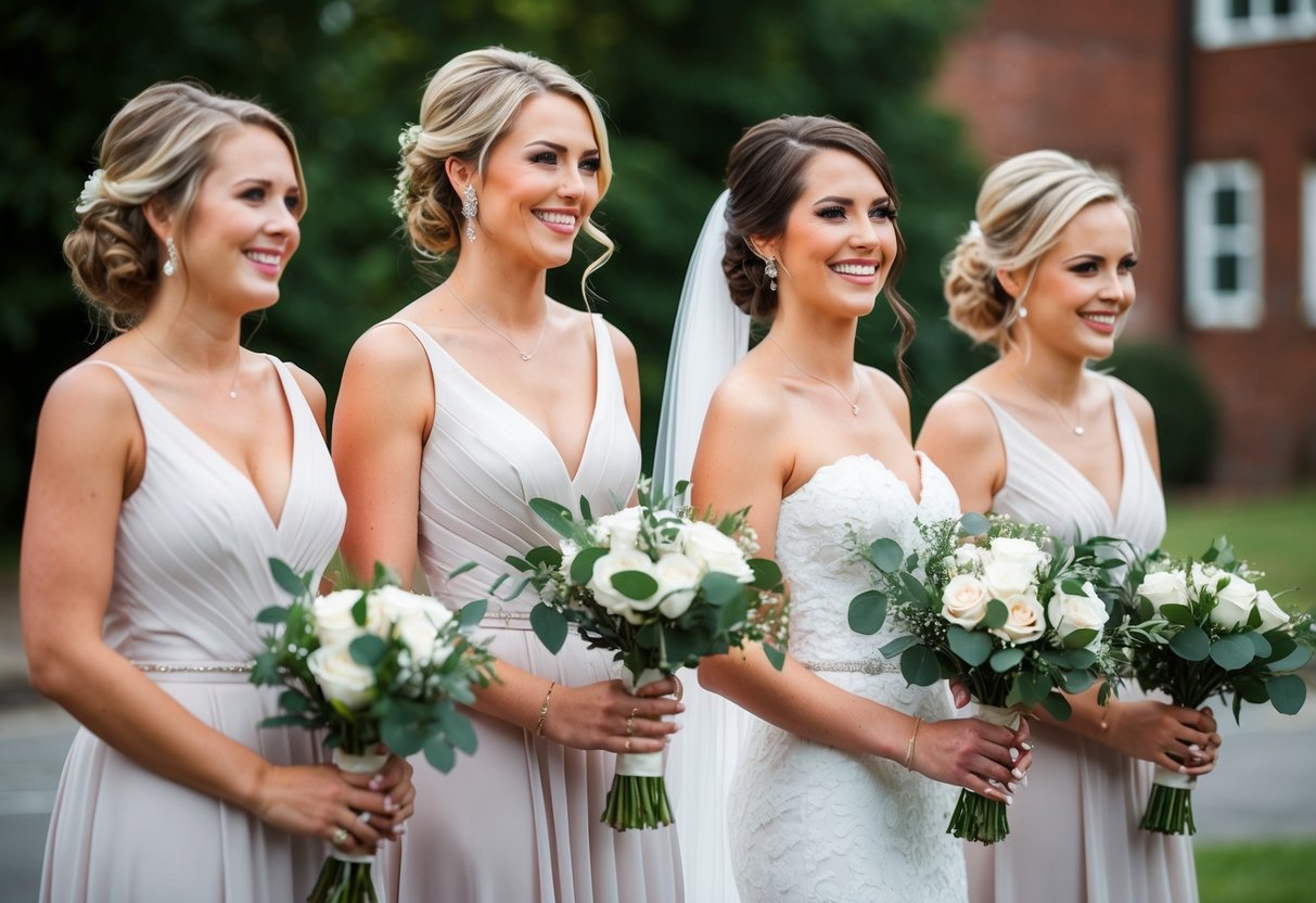 Two bridesmaids standing beside a bride, holding bouquets and smiling. They are wearing matching dresses and standing in a line