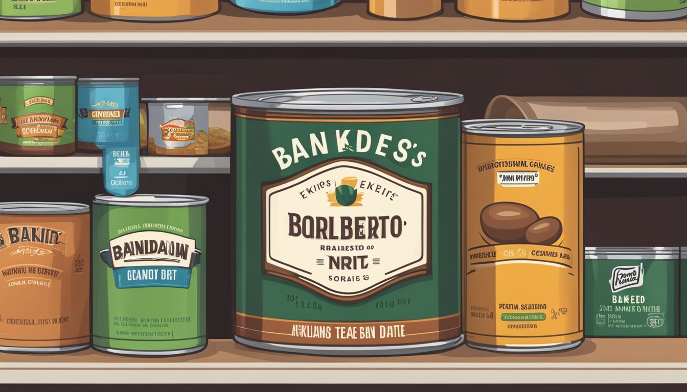 A can of baked beans sits on a pantry shelf next to other canned goods, with a label indicating the expiration date