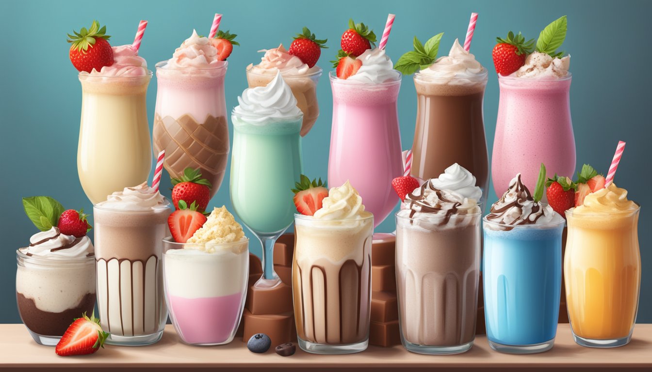 A colorful array of milkshakes, each labeled with a different flavor, surrounded by fresh ingredients like strawberries, chocolate, and vanilla beans