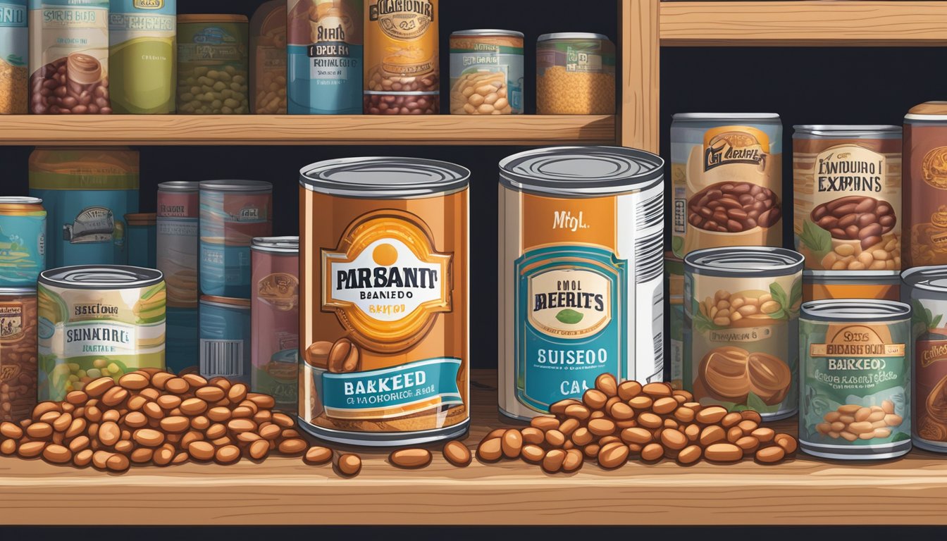 A can of baked beans sits on a shelf, surrounded by other canned goods. The expiration date is visible on the label