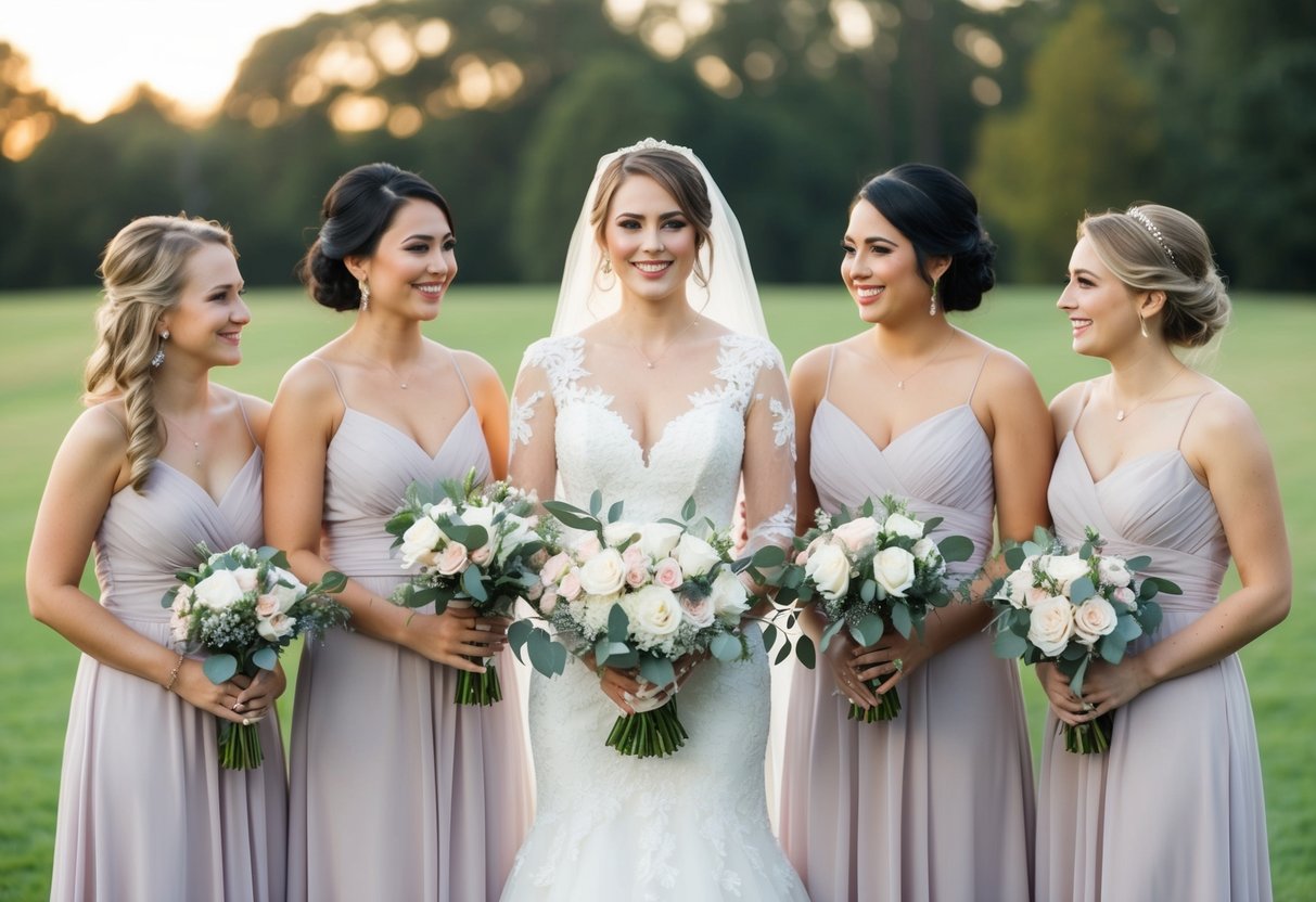 A bride and two bridesmaids standing together, holding bouquets, with the bride in the center