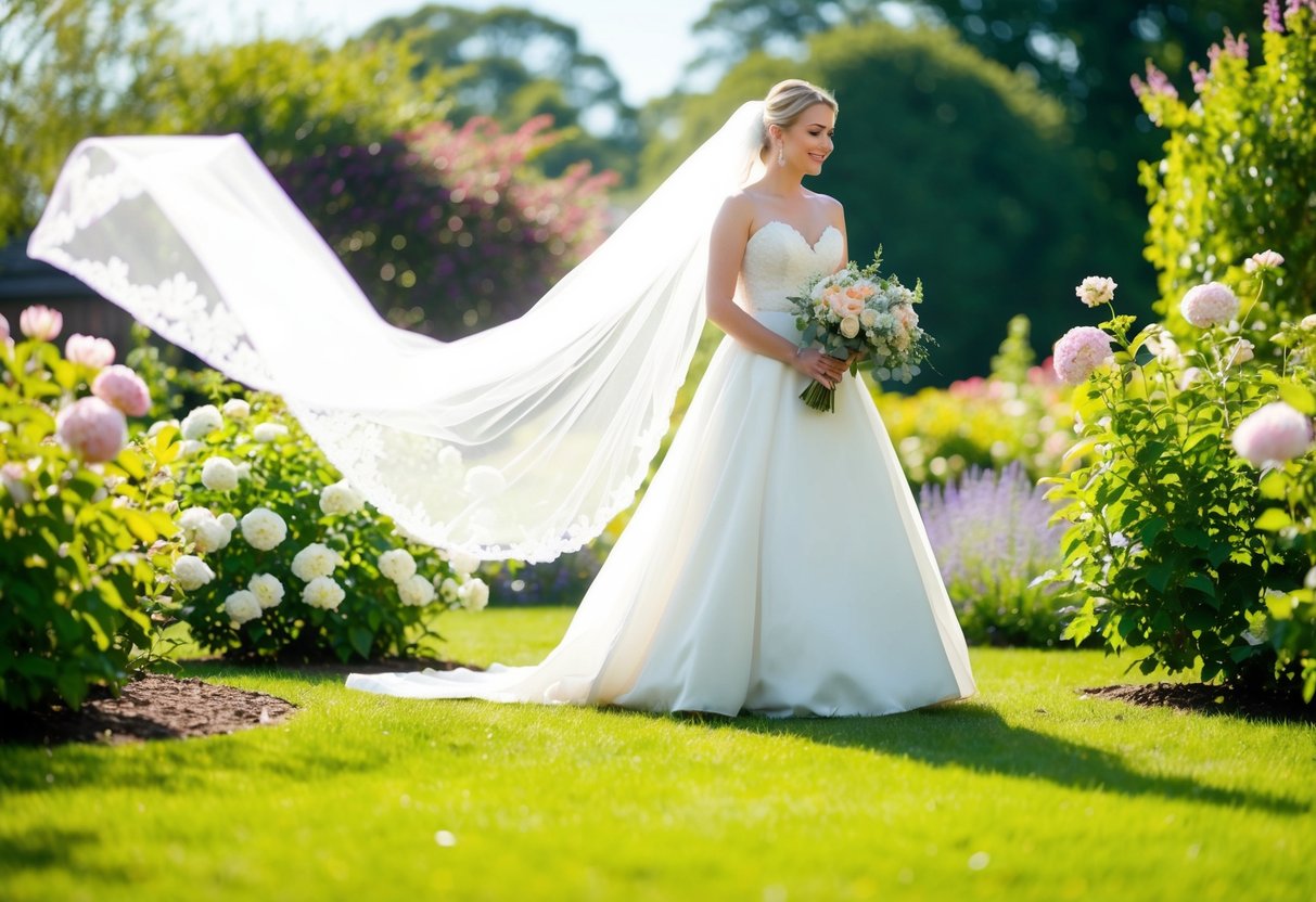 A bride stands in a sunlit garden, a veil billowing in the breeze, surrounded by blooming flowers and a serene atmosphere