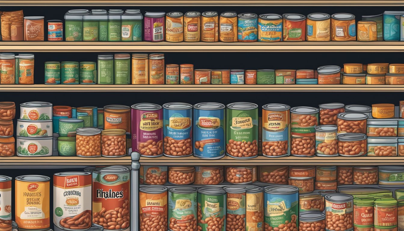 A can of baked beans sits on a pantry shelf, surrounded by other canned goods. The expiration date on the label is clearly visible