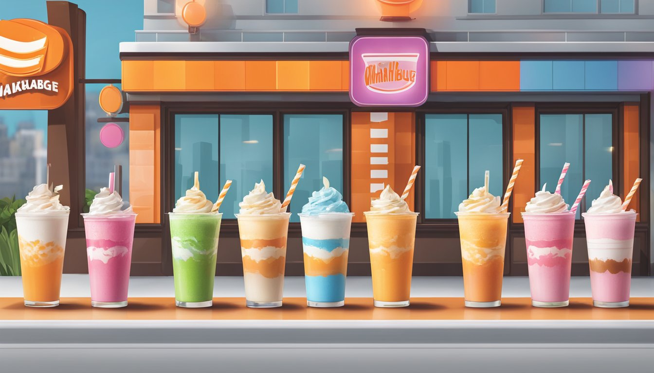 A line of colorful milkshakes in front of a Whataburger sign, with price tags displayed