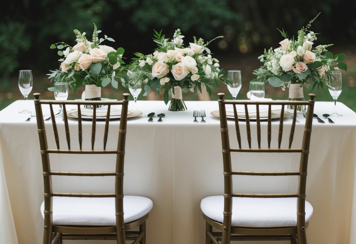 A table set for an intimate wedding, with two elegantly arranged bouquets and two chairs for bridesmaids