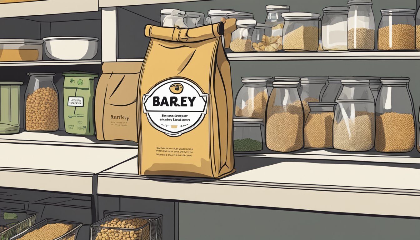 A bag of barley sits on a pantry shelf, with a best-by date clearly marked. A hand reaches for it, indicating concern over its expiration