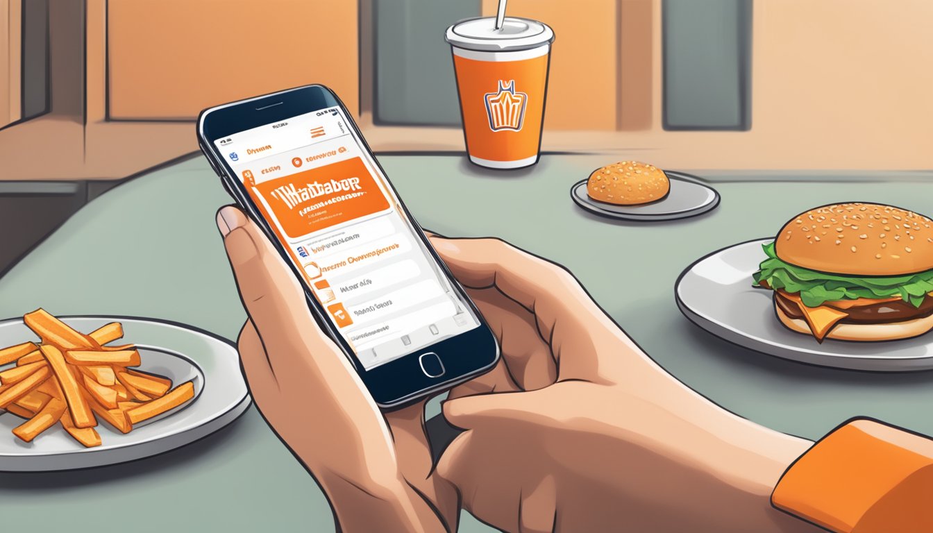 A person using a smartphone to download the Whataburger app, with the app icon displayed on the screen and a finger tapping the download button