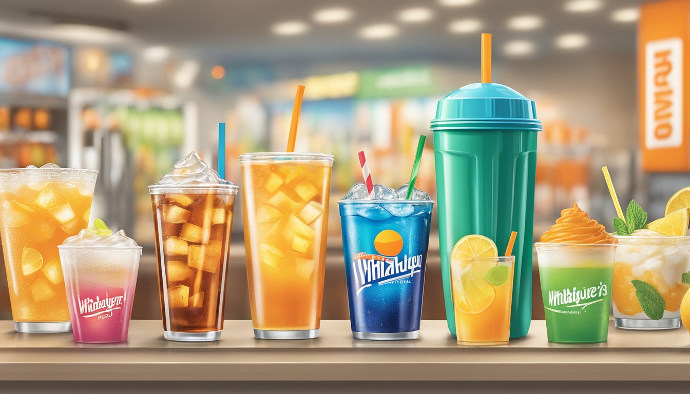 A colorful array of beverage options, including sodas, iced tea, and lemonade, displayed on a counter next to Whataburger's signature shakes