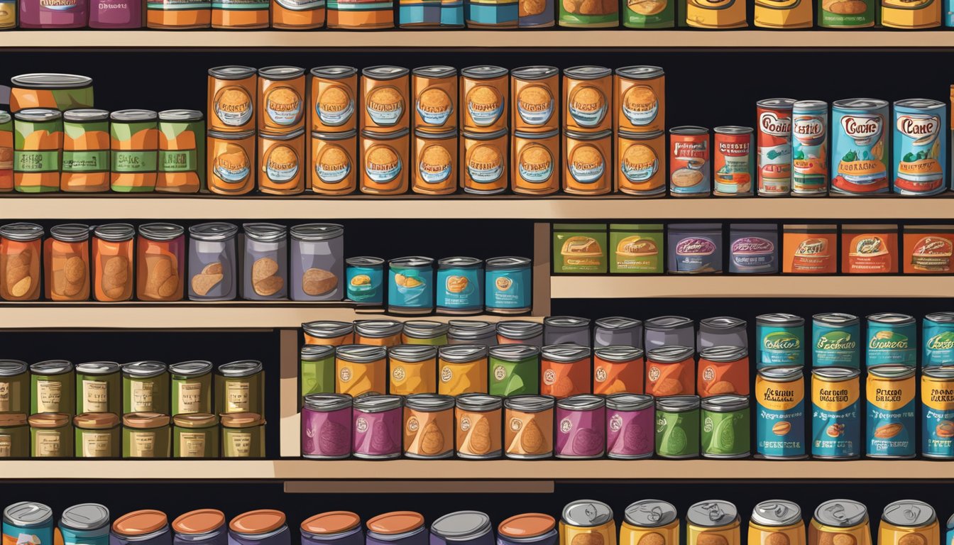 A can of baked beans sits on a shelf surrounded by other canned goods in a pantry