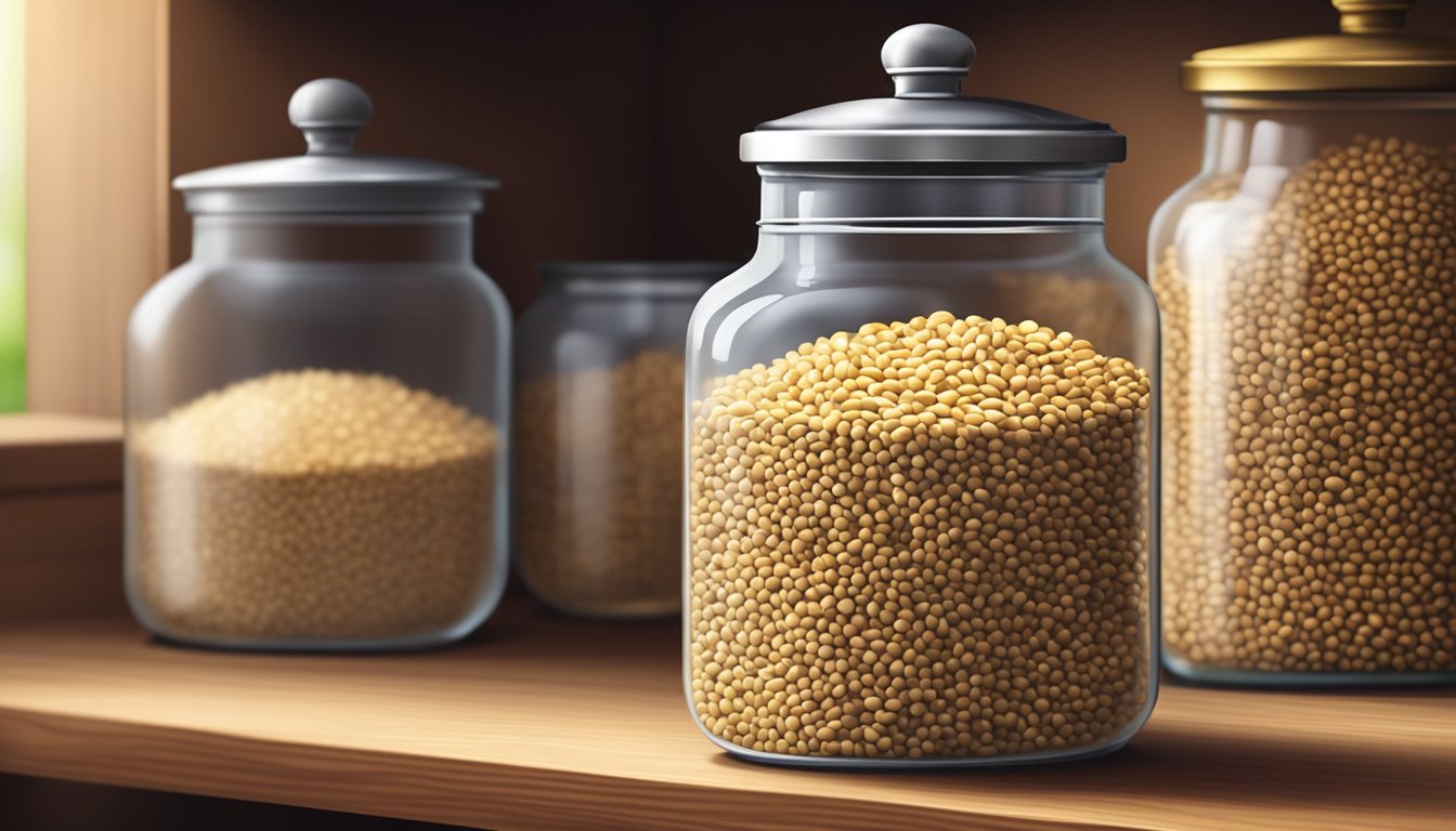 A glass jar filled with barley grains, sealed with a metal lid, sits on a wooden shelf in a pantry