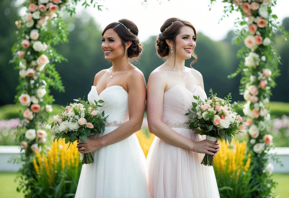 Two bridesmaids standing side by side, holding bouquets, with a beautiful backdrop of flowers and greenery