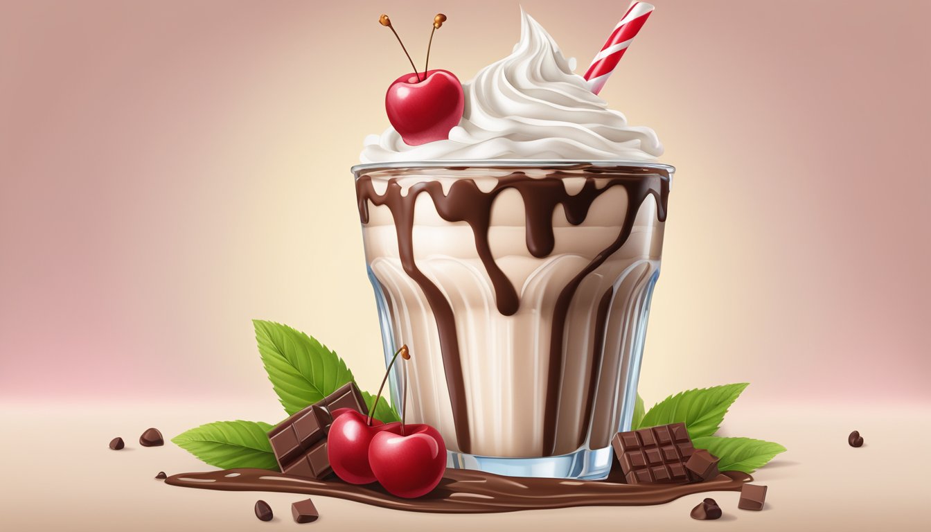 A creamy milkshake surrounded by ingredients like chocolate syrup, whipped cream, and a cherry on top