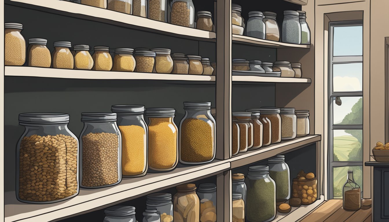 A sack of barley sits on a shelf, surrounded by jars of preserved food. The room is dimly lit, with shelves full of various preserved goods lining the walls