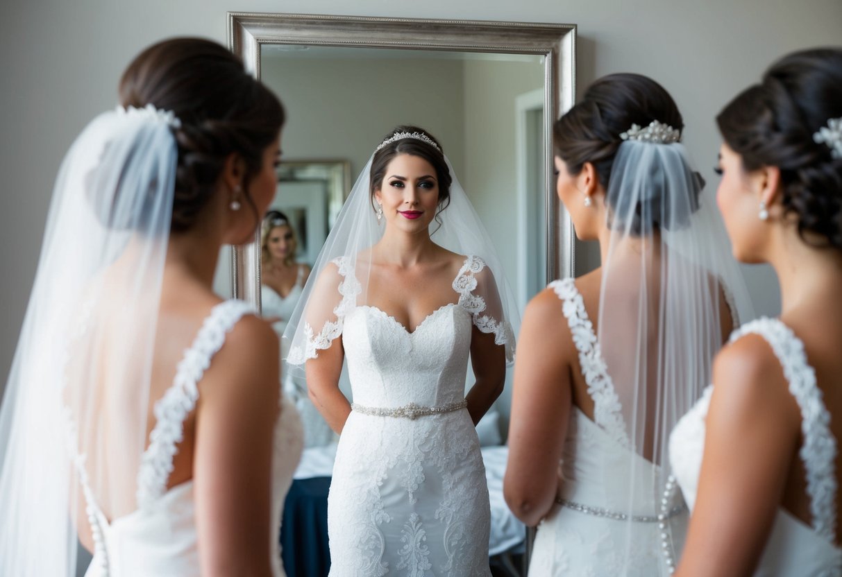 A bride stands in front of a mirror, trying on different veils. She gazes at her reflection, contemplating the significance of each one