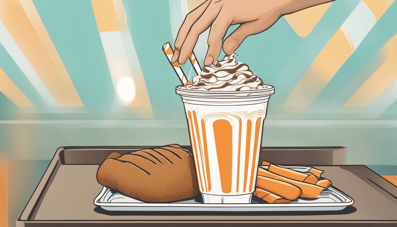 A hand reaching for a milkshake on a tray, with a Whataburger logo in the background