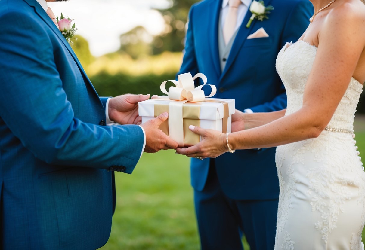 A parent holding a beautifully wrapped wedding gift, standing next to a bride and groom exchanging vows
