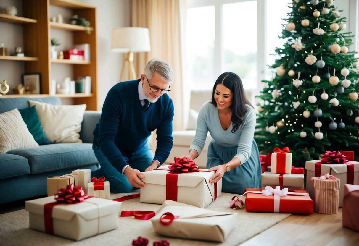 Parents selecting and wrapping wedding gifts in a cozy living room