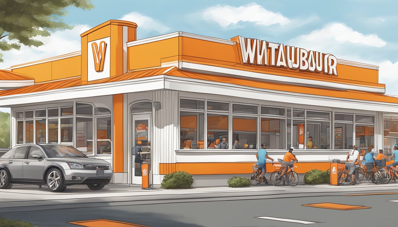 A bustling Whataburger restaurant in Columbia, SC, with the iconic orange and white striped building, drive-thru lanes, and customers enjoying their meals at outdoor tables