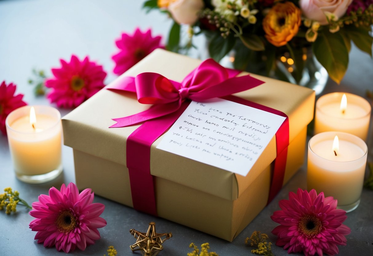 A beautifully wrapped gift box adorned with a bow and a handwritten note sits on a table, surrounded by flowers and candles