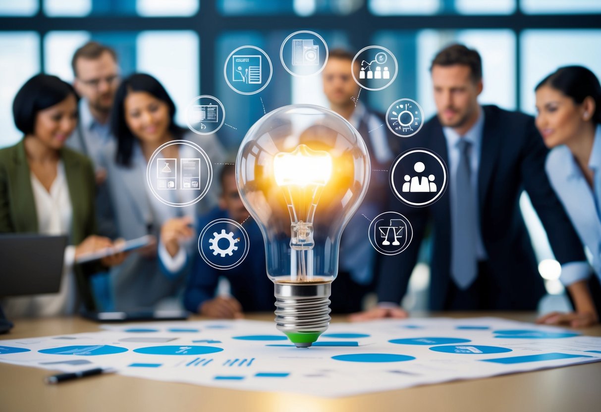 A lightbulb surrounded by various symbols and icons, with a group of people brainstorming in the background