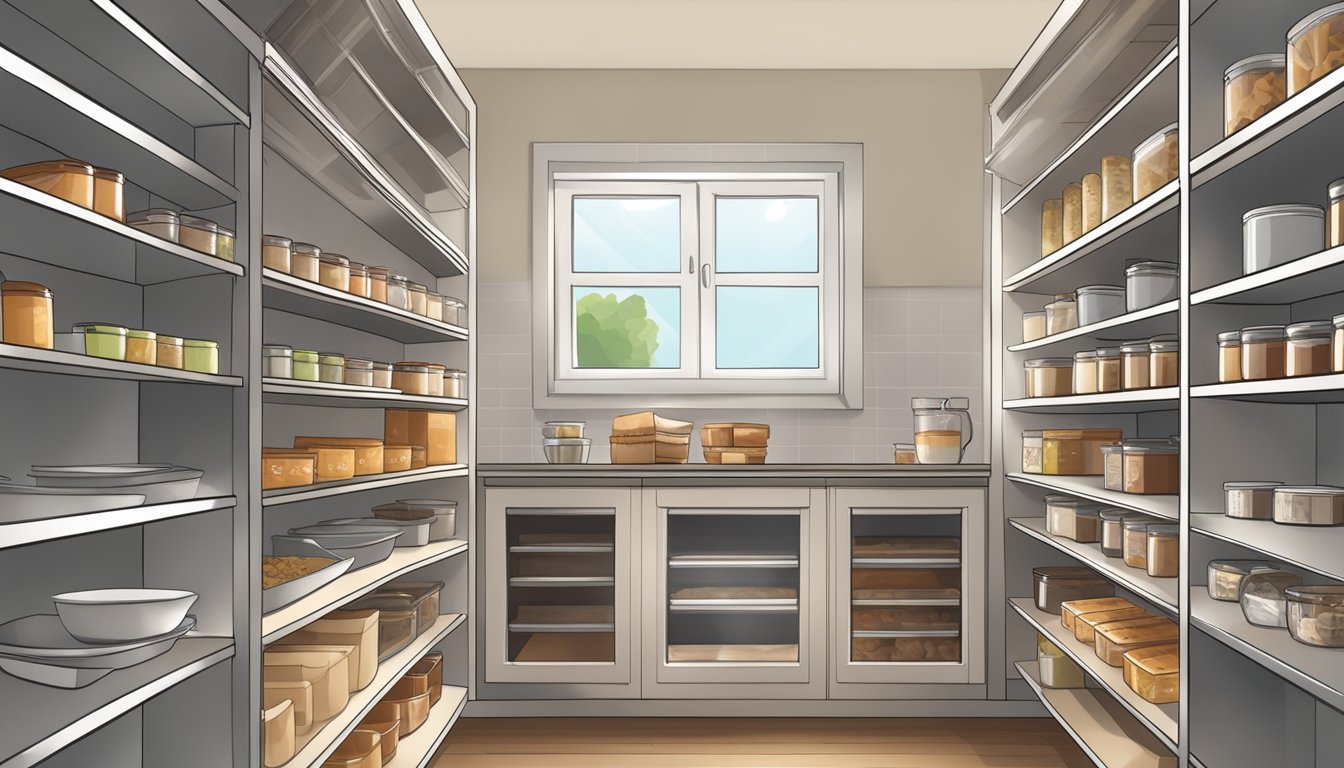 A kitchen pantry with shelves of baking chocolate, some wrapped, some open, with various expiration dates visible