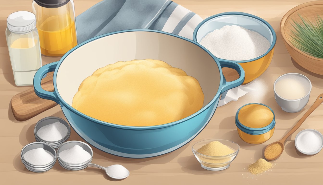 A kitchen counter with an open container of baking powder next to a mixing bowl and various baking ingredients