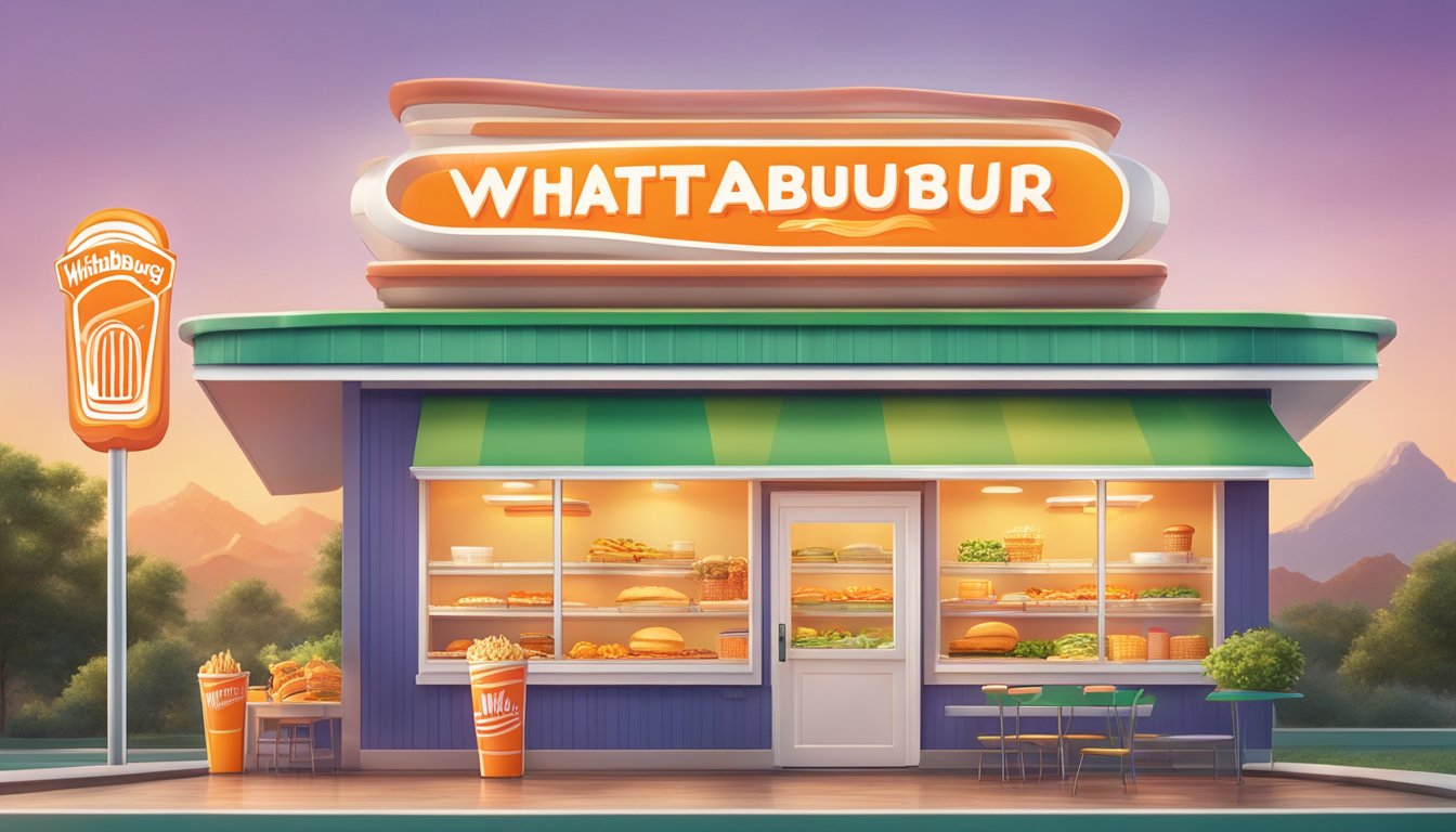 A colorful menu board with the Whataburger logo and various food items displayed, set against a bright and inviting backdrop