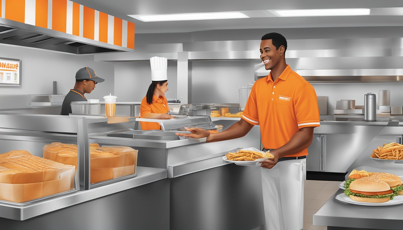 A customer at Whataburger in Columbia, SC orders at the counter, while the staff prepares food in the open kitchen