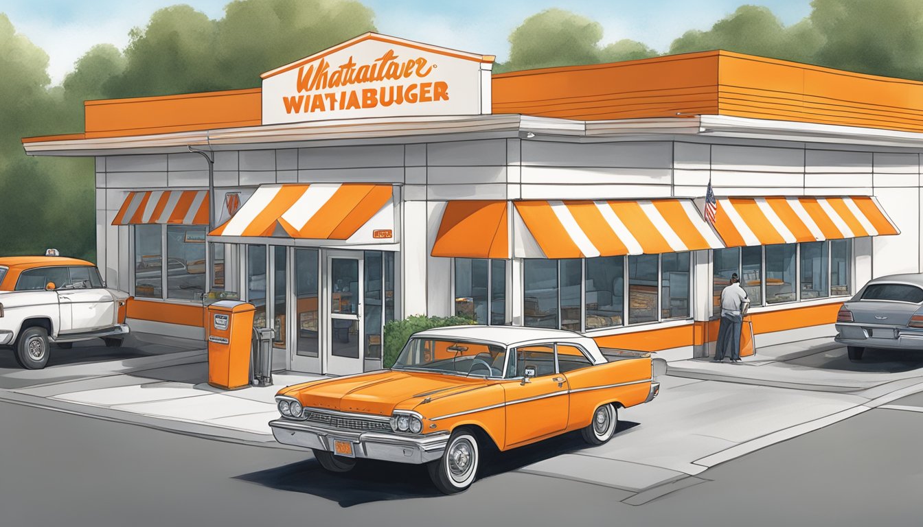 A bustling Whataburger restaurant in North Carolina, with the iconic orange and white striped building and a drive-thru line of cars