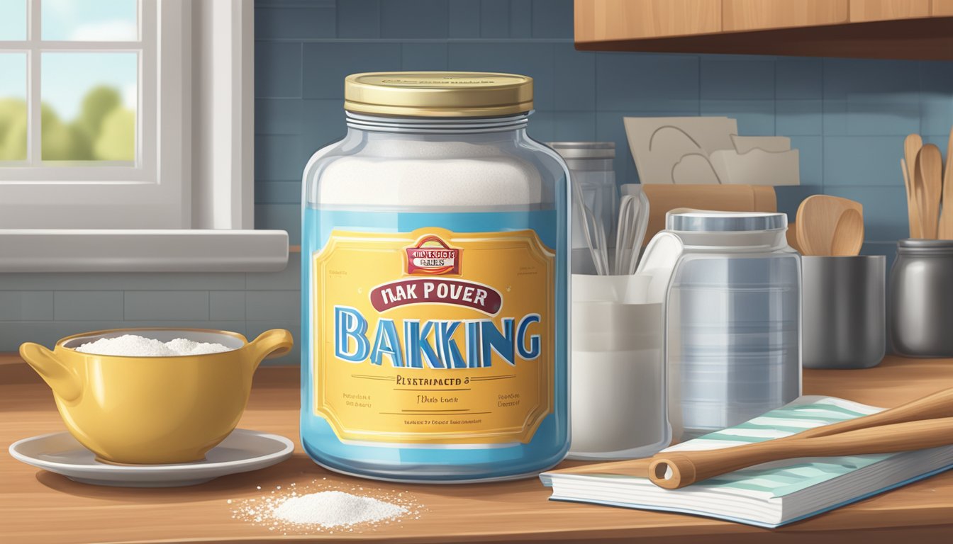 A jar of baking powder sitting on a kitchen counter next to a stack of recipe books