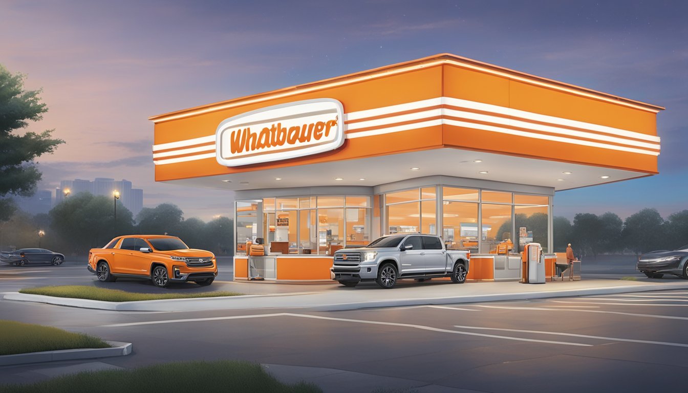 The iconic orange and white striped building of Whataburger stands out against the Columbia, SC skyline, with cars lined up at the drive-thru and the glowing sign inviting potential employees to explore career opportunities