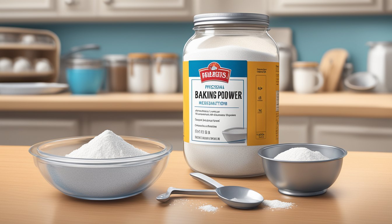 A jar of baking powder sits on a cluttered kitchen counter next to a mixing bowl and measuring spoons. The expiration date on the label is barely visible