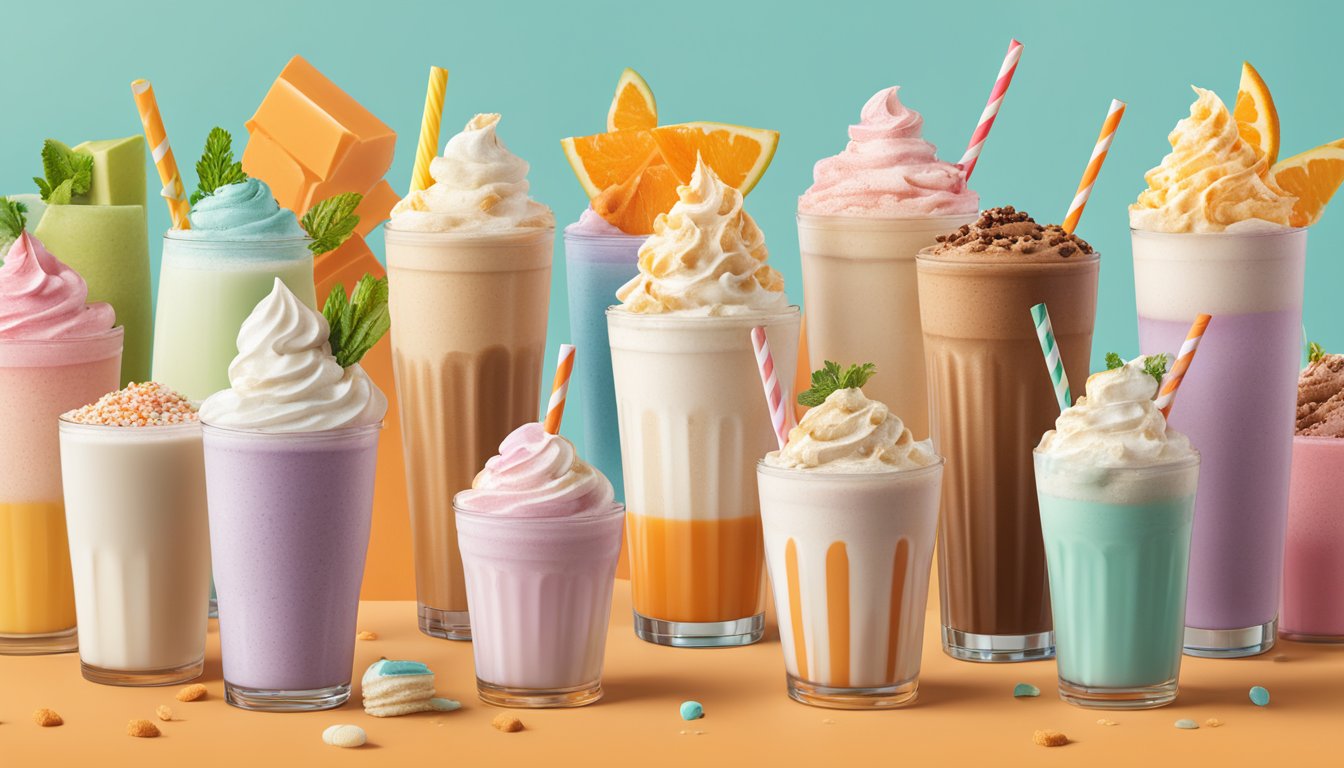 A lineup of Whataburger milkshakes surrounded by colorful ingredients and nutritional labels