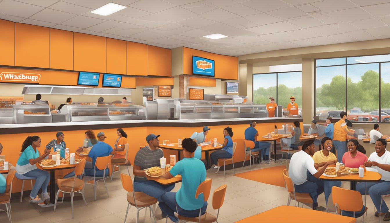 A bustling Whataburger in Columbia, SC, with customers enjoying their meals and engaging with staff and each other