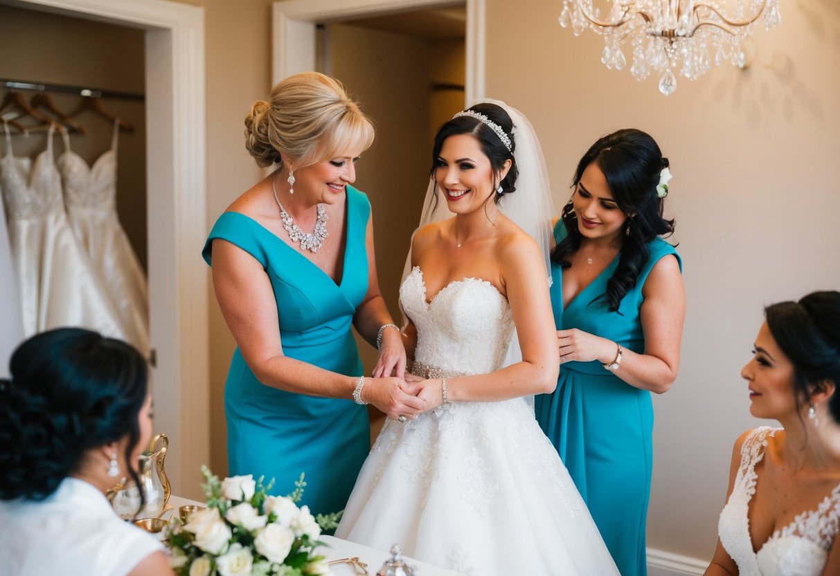 The mother of the bride helps prepare the bridal attire and accessories for the upcoming wedding ceremony